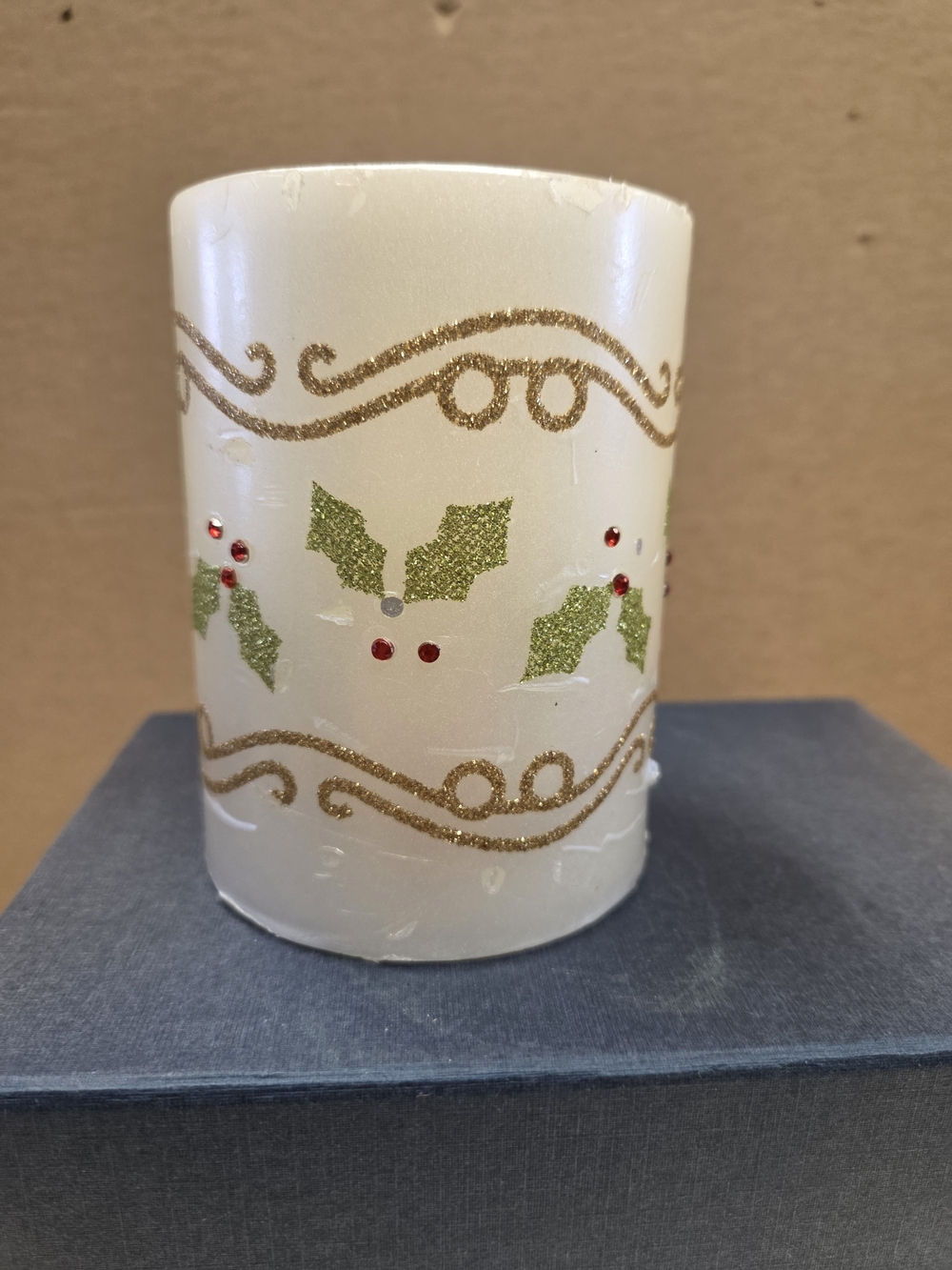 Holiday LED Decorative Flameless Candle with Gold Scroll and Green Holly Accents